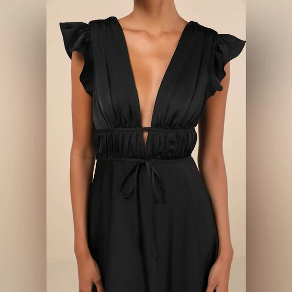 Lulus I'm All Yours Black Satin Cutout Ruffled Maxi Dress - Picture 3 of 8